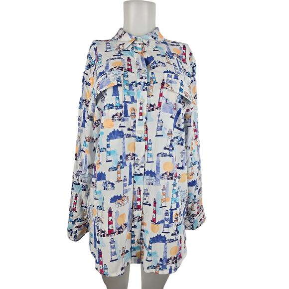 Chico's Multicolor Novelty Light House Button Up Long Sleeve Women Blouse 2 - M - Picture 1 of 6